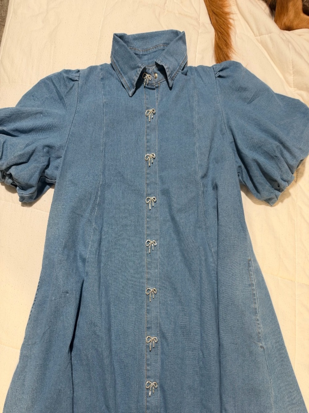Blue Denim Babydoll Mini Dress with Puff Sleeves